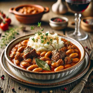Lamsstoofpot met bonen en romige aardappelpuree, geserveerd in een rustiek keramisch schaaltje. De stoofpot bevat malse stukjes lamsvlees in een rijke tomatensaus, gecombineerd met zachte bonen en gegarneerd met verse tijm. De romige aardappelpuree heeft een licht goudbruine korst, sfeervol gepresenteerd op een houten tafel met natuurlijke belichting.
