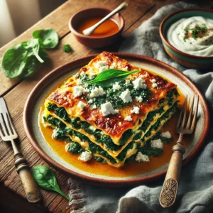 Een rustieke houten tafel met een prachtig gepresenteerde lasagne met spinazie, feta en romige yoghurt. De lasagne is goudbruin gebakken met zichtbare lagen van groene spinazie, verkruimelde feta en een rijke, romige saus. Een vork en mes liggen naast het bord, met een klein schaaltje extra saus erbij, in zacht natuurlijk licht.