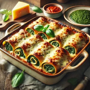Een realistische foto van lasagnerolletjes met spinazie, geserveerd in een keramieken ovenschaal op een doorleefde houten tafel. De goudbruine, ovengebakken lasagnerolletjes zijn gevuld met romige spinazie en kaas en netjes gerangschikt in de schaal. Een laag gesmolten, licht krokante kaas op de bovenkant zorgt voor een heerlijke textuur. Een vleugje rode pesto is zichtbaar in de vulling, wat extra smaak toevoegt. Verse basilicumblaadjes zijn erover gestrooid voor een frisse, kleurrijke touch. Op de achtergrond ligt een houten snijplank met extra kaas, spinazie en een schaaltje pesto, subtiel vervaagd. Zacht natuurlijk licht benadrukt de texturen en kleuren, wat zorgt voor een warme, huiselijke sfeer.