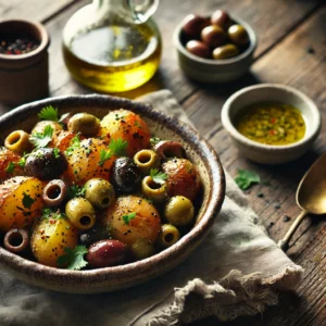 Een rustieke houten tafel met een prachtig gepresenteerde lauwwarme aardappelsalade, besprenkeld met olijvendressing. Het gerecht bevat goudbruine geroosterde aardappelen, zwarte en groene olijven en verse kruiden, geserveerd in een keramische kom met een klein glazen flesje extra dressing ernaast.