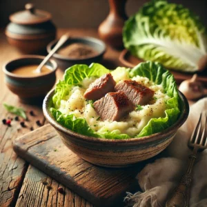 Een rustieke foto van lichtromige stamppot van kropsla met lamsvlees, geserveerd in een keramieken kom op een doorleefde houten tafel. De smeuïge aardappelpuree is gemengd met fijngesneden kropsla, wat zorgt voor een lichte en frisse textuur. Perfect gebakken plakjes lamsvlees liggen bovenop, met een drizzle van rijke jus voor extra smaak. Een snufje versgemalen zwarte peper en een garnering van verse kruiden maken het gerecht af. Op de achtergrond ligt een houten snijplank met extra sla en een schaaltje jus, subtiel vervaagd. Zacht natuurlijk licht zorgt voor een warme en uitnodigende sfeer.