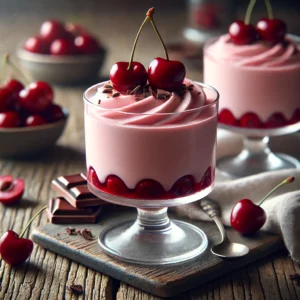 Een realistische foto van kersenmousse, elegant geserveerd in glazen dessertcups op een rustieke houten tafel. De romige, lichtroze mousse is gelaagd met glanzende, sappige kersen, die een prachtig kleurcontrast geven. Bovenop liggen enkele kersen als garnering, samen met delicate chocoladeschaafsels. De mousse heeft een luchtige, fluweelzachte textuur. In de achtergrond staan een schaaltje met extra kersen en een reep pure chocolade, subtiel vervaagd voor een sfeervolle setting.