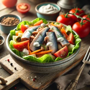 Een realistische foto van een maaltijdsalade met haring en tomaten, geserveerd in een keramieken kom op een doorleefde houten tafel. De salade bestaat uit knapperige ijsbergsla, zachte blokjes gekookte aardappel en lichtgekookte plakjes wortel. Sappige rode tomatenpartjes zorgen voor frisheid, terwijl stukjes zoute haring een rijke, hartige smaak toevoegen. Een romige dressing van mayonaise, yoghurt en knoflook bedekt de ingrediënten, met een snufje verse dille als garnering. Op de achtergrond ligt een houten snijplank met extra haring, tomaten en een schaaltje dressing, subtiel vervaagd. Zacht natuurlijk licht benadrukt de texturen en kleuren, wat zorgt voor een uitnodigende, frisse uitstraling.