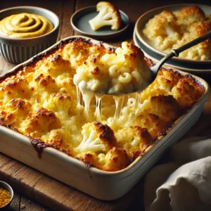 Een rustieke houten tafel met een versgebakken macaroni-bloemkoolgratin in een keramische ovenschaal. De bovenkant is goudbruin en romig, met zichtbare mosterdsaus. Een lepel tilt een portie op, waardoor de gesmolten kaas en zachte bloemkool zichtbaar worden. Naast de schaal staat een klein kommetje met mosterdsaus en een bord met een geserveerde portie.