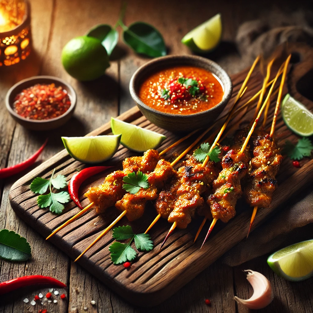 Een rustieke houten tafel met een prachtig gepresenteerde Maleisische lamssaté. De gegrilde lamsvleesspiesen zijn mooi gerangschikt op een houten serveerplank, gegarneerd met verse koriander en dun gesneden rode chilipepers. Ernaast staat een klein schaaltje pittige chilipindasaus, met een kunstzinnige druppel saus op het bord. Limoenpartjes en een takje citroengras geven het gerecht een frisse en levendige uitstraling.