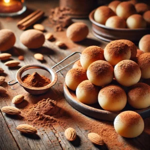 Een rustieke houten tafel met zelfgemaakte marsepeinen aardappeltjes, bestoven met cacaopoeder. De marsepeintraktaties zijn rond en licht onregelmatig van vorm, wat ze een realistische uitstraling geeft. Er ligt een klein zeefje met cacaopoeder naast, en enkele hele amandelen zijn eromheen gestrooid. De warme verlichting creëert een gezellige en feestelijke sfeer.