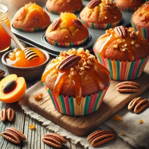 Maximale muffins met pecannoten, abrikozenjam en sinaasappelglazuur, geserveerd op een rustieke houten tafel, gegarneerd met stukjes pecannoot.