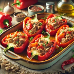 Mediterraanse gevulde puntpaprika’s met tonijn, ui, knoflook en tomaat, gekruid met tijm en olijfolie. De paprika’s zijn geroosterd en gegarneerd met verse peterselie, geserveerd in een rustieke ovenschaal op een houten tafel met warme, natuurlijke belichting.