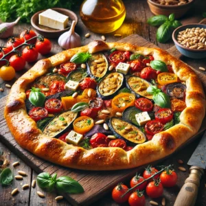 Mediterrane galette met geroosterde ratatouille, gevuld met paprika, aubergine, courgette en tomaten, afgemaakt met feta, pijnboompitten en basilicumblaadjes, geserveerd op een houten plank met decoratie van verse groenten en een glas rosé.