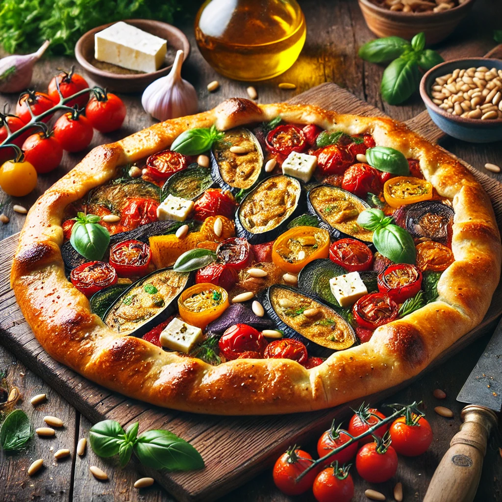 Mediterrane galette met geroosterde ratatouille, gevuld met paprika, aubergine, courgette en tomaten, afgemaakt met feta, pijnboompitten en basilicumblaadjes, geserveerd op een houten plank met decoratie van verse groenten en een glas rosé.