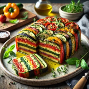 Een realistische foto van een mediterrane groenteterrine met kruiden, geserveerd op een keramieken bord op een doorleefde houten tafel. De terrine bestaat uit dunne laagjes geroosterde paprika, courgette, aubergine en tomaat, samengebonden met een licht gekruide kruidenmix. Verse basilicum, tijm en oregano geven een aromatische toets. De terrine is netjes in plakken gesneden, waardoor de kleurrijke lagen goed zichtbaar zijn. Een drizzle olijfolie en een snufje grof zeezout maken het gerecht af. Op de achtergrond ligt een houten snijplank met extra gegrilde groenten en verse kruiden, subtiel vervaagd. Zacht natuurlijk licht benadrukt de texturen en kleuren, wat zorgt voor een verfijnde, mediterrane uitstraling.