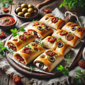 Mediterrane pizzarolletjes van speltdeeg, gevuld met roomkaas, gedroogde tomaten, olijven en kruiden, goudbruin gebakken en gerangschikt op een rustieke houten serveerschaal, gegarneerd met verse kruiden en geserveerd met een dipsaus, gepresenteerd op een houten tafel in warm natuurlijk licht.