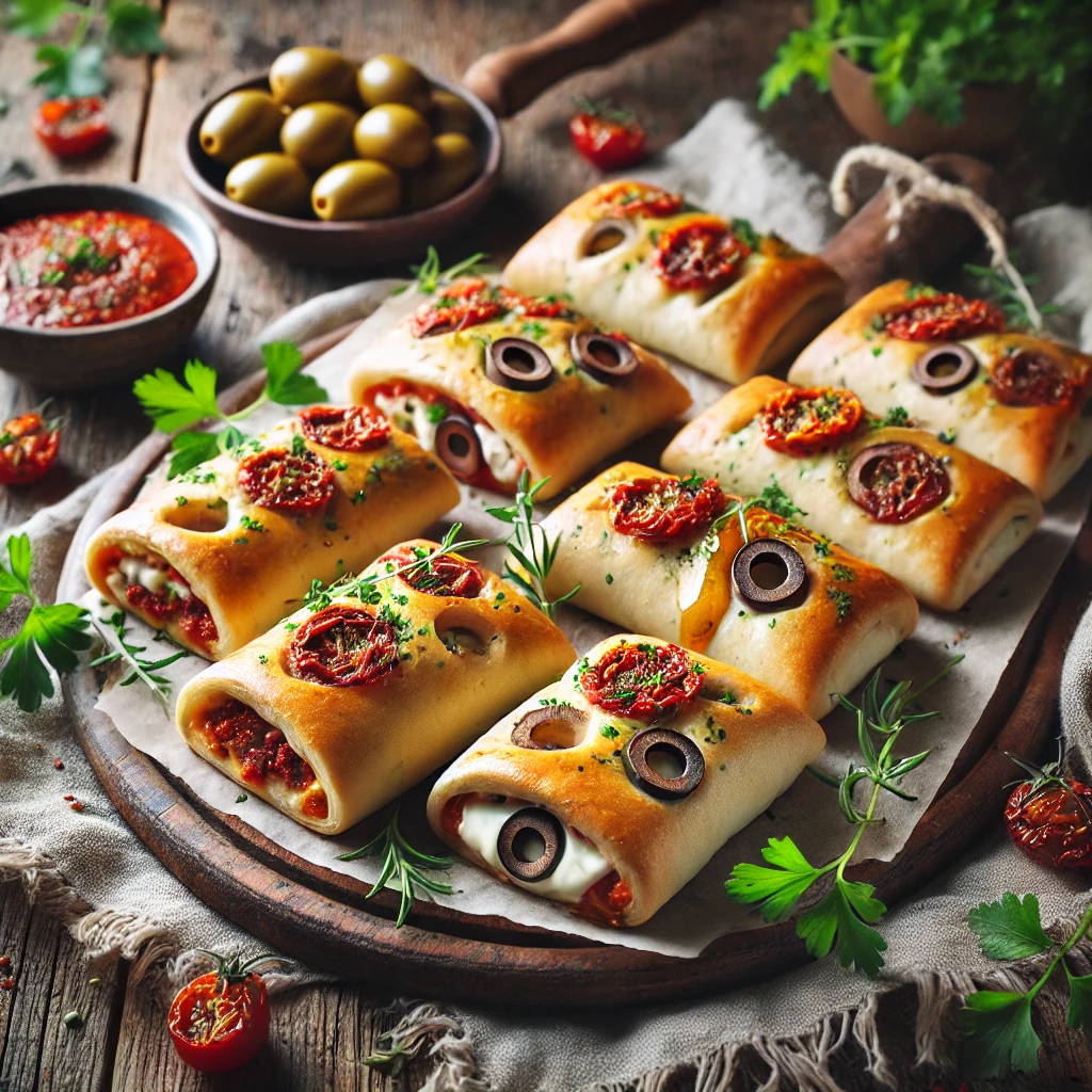 Mediterrane pizzarolletjes van speltdeeg, gevuld met roomkaas, gedroogde tomaten, olijven en kruiden, goudbruin gebakken en gerangschikt op een rustieke houten serveerschaal, gegarneerd met verse kruiden en geserveerd met een dipsaus, gepresenteerd op een houten tafel in warm natuurlijk licht.