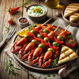Mediterrane Rivierkreeftspiesjes met Romige Knoflookdip