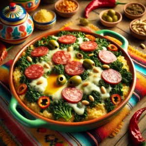 Mediterrane boerenkoolstamppot met romige aardappelpuree, boerenkool, salami, gesmolten mozzarella, olijven en goudbruine pijnboompitten. Een smaakvolle en kleurrijke ovenschotel.