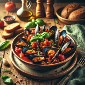 Mediterrane mosselen in een rijke Italiaanse tomatensaus met knoflook, rode wijn en verse basilicum. Geserveerd in een rustieke keramische schaal met knapperig bruin stokbrood aan de zijkant, op een houten tafel met warme, natuurlijke belichting.