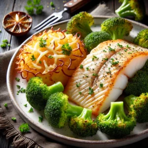Geroosterde tilapiafilet, geserveerd met broccoli bestrooid met gesmolten kaas en een krokante rösti, gegarneerd met verse peterselie, op een wit bord gepresenteerd op een donker rustieke houten tafel in zacht natuurlijk licht.