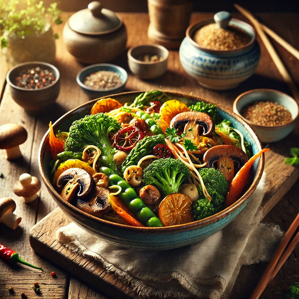Een diepe witte kom met mihoen, roergebakken zalmblokjes, Chinese kool en shiitake, gegarneerd met gebakken uitjes, op een houten tafel met ketjap, sambal en kroepoek op de achtergrond.