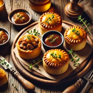 Een rustieke houten tafel met een prachtig geserveerd bord mini pies gevuld met Belgisch stoofvlees, omhuld in goudbruin bladerdeeg. De pies liggen op een houten serveerplank, met een klein kommetje rijke, donkere jus ernaast. Gegarneerd met verse tijm en geserveerd met een rustiek mes.