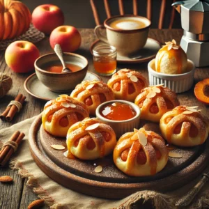 Goudbruine mini appeltaartjes gevuld met gekruide appelstukjes, geglazuurd met abrikozenjam, bestrooid met amandelschaafsel en poedersuiker, geserveerd op een rustieke houten schaal met koffie en een bolletje vanille-ijs.