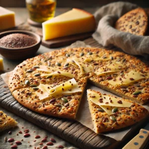 Een realistische foto van Noors platbrood met zaden en oude kaas, geserveerd op een rustieke houten plank. De dunne, knapperige flatbreads hebben een goudbruine, onregelmatige textuur en zijn bestrooid met een mix van sesam-, lijn- en zonnebloempitten. Flinters oude kaas smelten lichtjes op het brood. Enkele stukken zijn gebroken, waardoor de knapperige binnenkant zichtbaar is. Op de achtergrond staan een schaaltje boter, een houten mes en een kop kruidenthee, subtiel vervaagd voor een warme en uitnodigende Scandinavische sfeer.