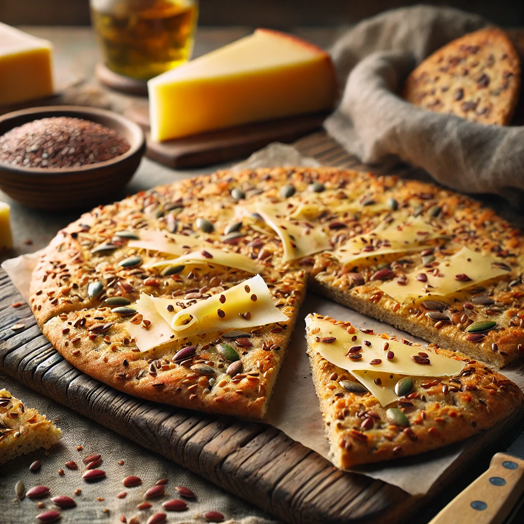 Een realistische foto van Noors platbrood met zaden en oude kaas, geserveerd op een rustieke houten plank. De dunne, knapperige flatbreads hebben een goudbruine, onregelmatige textuur en zijn bestrooid met een mix van sesam-, lijn- en zonnebloempitten. Flinters oude kaas smelten lichtjes op het brood. Enkele stukken zijn gebroken, waardoor de knapperige binnenkant zichtbaar is. Op de achtergrond staan een schaaltje boter, een houten mes en een kop kruidenthee, subtiel vervaagd voor een warme en uitnodigende Scandinavische sfeer.