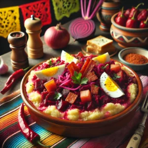 Oma's bietjesstamppot met romige aardappelpuree, ovengebakken geraspte bietjes, zacht geroosterde knoflook, gebakken ui en appel, krokant ontbijtspek, en stukjes hardgekookt ei. Een rijk en kleurrijk gerecht, perfect geserveerd met het stoofvocht voor extra smaak.