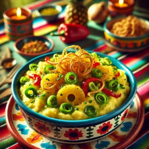 Oosterse preistamppot met romige aardappelpuree, verse preiringen, stukjes paprika en ananas, op smaak gebracht met boemboe