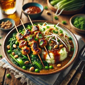 Oosterse stamppot met paksoi en taugé, geserveerd met gegrilde kipsaté en romige pindasaus. Het gerecht is gegarneerd met gehakte pinda’s en verse koriander, sfeervol gepresenteerd op een rustieke houten tafel.