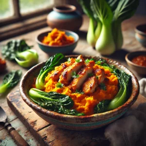 Een rustieke foto van stamppot met zoete aardappel, paksoi en kip, geserveerd in een keramieken kom op een doorleefde houten tafel. De smeuïge puree van zoete aardappel vormt een levendige oranje basis, gemengd met knapperige repen paksoi voor een lichte, frisse textuur. Malse, goudbruine kipreepjes, geglazuurd met ketjap manis en tomatenpuree, zijn bovenop gerangschikt. Een snufje verse koriander voegt een aromatische finishing touch toe. Op de achtergrond ligt een houten snijplank met extra paksoi en een schaaltje saus, subtiel vervaagd. Zacht natuurlijk licht zorgt voor een warme en uitnodigende sfeer.