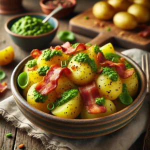 Een realistische foto van Opperdoezer aardappelsalade met spek en pesto, geserveerd in een keramieken kom op een doorleefde houten tafel. De salade bestaat uit goudgele Opperdoezer aardappelen, licht gemengd met een verse basilicumpesto. Krokante spekjes zorgen voor een hartige bite, terwijl fijngehakte bieslook en pijnboompitten de presentatie verfijnen. Een drizzle olijfolie en versgemalen zwarte peper maken het gerecht af. Op de achtergrond ligt een houten snijplank met extra aardappelen, spek en een schaaltje pesto, subtiel vervaagd. Zacht natuurlijk licht benadrukt de texturen en kleuren, wat zorgt voor een uitnodigende, gastronomische uitstraling.