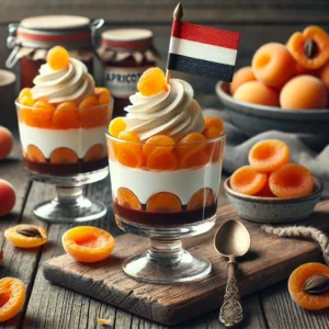 Een realistische foto van Oranje Delight dessert, geserveerd in elegante glazen op een doorleefde houten tafel. Het nagerecht bestaat uit lagen luchtige slagroom met abrikozenjam, romige chocoladevla en een topping van gouden, gesneden gewelde abrikozen. Een klein decoratief Nederlands vlaggetje op een prikkertje geeft een feestelijke uitstraling. Op de achtergrond ligt een houten snijplank met extra abrikozen, een schaaltje slagroom en een pot abrikozenjam, subtiel vervaagd. Zacht natuurlijk licht benadrukt de texturen en kleuren, wat zorgt voor een uitnodigende en luxe presentatie.