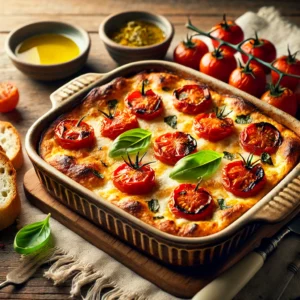 Een rustieke houten tafel met een schaal ovengebakken ricotta, goudbruin en licht gerezen, gegarneerd met geroosterde cherrytomaatjes en verse basilicum. Geserveerd met knapperig brood en een schaaltje olijfolie.