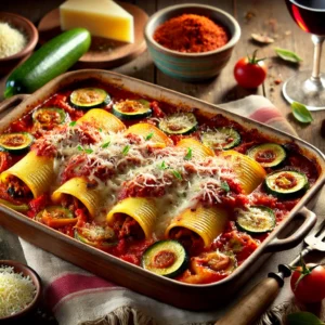 Gevulde cannelloni met gehakt in een rijke tomatensaus met paprika en courgette, afgedekt met gesmolten mozzarella en Parmezaanse kaas, geserveerd in een ovenschaal op een rustieke tafel met decoratie van verse groenten en een glas rode wijn.