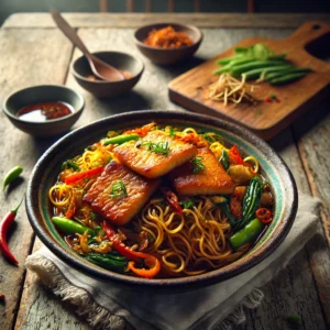 Een realistische foto van Padang sambalmie met visreepjes, geserveerd in een keramieken kom op een doorleefde houten tafel. De glanzende, gewokte mie-noedels zijn bedekt met een rijke, pittige sambalsaus en gemengd met knapperige groenten zoals paprika en taugé. Goudbruine, wokgebakken visreepjes liggen bovenop, met een drizzle ketjap manis en een snufje verse kruiden als finishing touch. Op de achtergrond ligt een houten snijplank met extra visfilets, een schaaltje sambal en verse groenten, subtiel vervaagd. Zacht natuurlijk licht benadrukt de texturen en kleuren, wat zorgt voor een uitnodigende, smaakvolle uitstraling.
