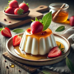 Een realistische foto van panna cotta met lauriersiroop en verse aardbeien, geserveerd op een keramieken bord op een doorleefde houten tafel. De zijdezachte, romige panna cotta heeft een gladde, glanzende bovenkant en een lichte trilling. Een dun laagje goudkleurige lauriersiroop loopt over de zijkanten en voegt een subtiele kruidige zoetheid toe. Verse aardbeien, in plakjes gesneden, liggen eromheen voor een frisse en kleurrijke presentatie. Op de achtergrond ligt een houten snijplank met extra aardbeien, een schaaltje lauriersiroop en een takje laurierblad, subtiel vervaagd. Zacht natuurlijk licht benadrukt de texturen en kleuren, wat zorgt voor een uitnodigende en elegante uitstraling.
