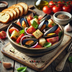 Een realistische foto van Panzanella met mosselen, geserveerd in een keramieken kom op een doorleefde houten tafel. De Toscaanse broodsalade bestaat uit knapperige stukjes rustiek brood, sappige cherrytomaten, dun gesneden rode ui en verse basilicum, alles gemengd met een lichte dressing van olijfolie en azijn. Malse, vers bereide mosselen zijn toegevoegd voor een zeevruchten-twist. Een snufje zwarte peper en een drizzle extra vierge olijfolie maken het gerecht af. Op de achtergrond ligt een houten snijplank met extra mosselen, brood en tomaten, subtiel vervaagd. Zacht natuurlijk licht benadrukt de texturen en kleuren, wat zorgt voor een uitnodigende, mediterrane uitstraling.
