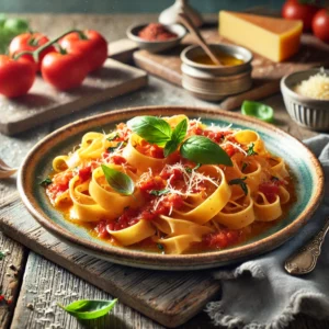 Een realistische foto van pappardelle pasta met een rijke, huisgemaakte tomatensaus, geserveerd op een keramieken bord op een doorleefde houten tafel. De brede lintpasta is omhuld met een saus van rijpe tomaten, knoflook en olijfolie. Verse basilicumblaadjes en geraspte Parmezaanse kaas maken het gerecht af. Op de achtergrond ligt een houten snijplank met extra tomaten, basilicum en een schaaltje olijfolie, subtiel vervaagd. Zacht natuurlijk licht benadrukt de texturen en kleuren, wat zorgt voor een uitnodigende, verse uitstraling.