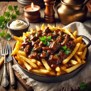 elfgemaakt oer-Hollands patatje stoofvlees, geserveerd op een rustieke houten tafel, met knapperige friet, mals stoofvlees en een bakje mayonaise.