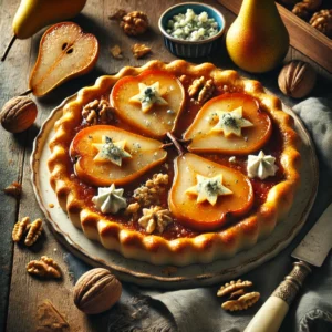 Peer & blauwe kaas tarte Tatin met gekarameliseerde peren, verkruimelde blauwe kaas, walnoten en bladerdeegsterretjes, gepresenteerd op een rustieke houten tafel met decoratieve elementen zoals peren en walnoten in warm, natuurlijk licht.