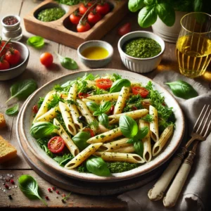 Een bord met penne pasta gemengd met basilicum pesto, rucola en groene olijven, geserveerd met gebakken zalmblokjes en verse basilicum, op een houten tafel met een glas witte wijn en een schaaltje pesto.