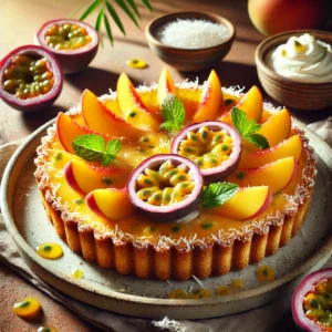 Perzik-maracujataart met een krokante kokosbodem, gevuld met passievruchtencustard, belegd met verse perzikpartjes en passievruchtpulp, gegarneerd met geroosterde kokosvlokken en muntblaadjes, geserveerd in een tropische setting.
