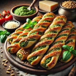 Pesto-Parmezaan twisters van spelt-pizzadeeg, gevuld met groene pesto, Parmezaanse kaas, fijngehakte tomaten en geroosterde pijnboompitten, bestrooid met sesamzaadjes en geserveerd op een houten plank met decoratie van basilicum en pesto.