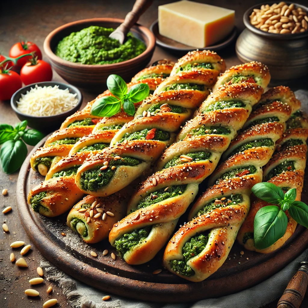 Pesto-Parmezaan twisters van spelt-pizzadeeg, gevuld met groene pesto, Parmezaanse kaas, fijngehakte tomaten en geroosterde pijnboompitten, bestrooid met sesamzaadjes en geserveerd op een houten plank met decoratie van basilicum en pesto.