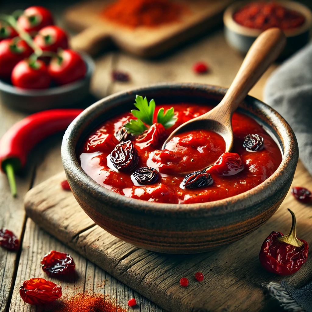 Een realistische foto van pittige paprika-rozijnensaus, geserveerd in een rustiek keramieken schaaltje op een doorleefde houten tafel. De dieprode saus heeft een gladde, glanzende textuur en is op smaak gebracht met geroosterde rode paprika’s, zoete rozijnen en warme specerijen. Een drizzle olijfolie voegt extra rijkdom toe, terwijl fijngesneden verse kruiden zorgen voor een kleurrijk contrast. Een houten lepel rust in het schaaltje, klaar om te serveren. Op de achtergrond ligt een houten snijplank met extra paprika’s en een schaaltje rozijnen, subtiel vervaagd. Zacht natuurlijk licht benadrukt de texturen en kleuren, wat zorgt voor een uitnodigende, gastronomische uitstraling.