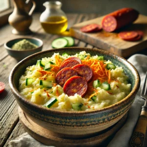 Een rustieke foto van stamppot met chorizo en komkommer, geserveerd in een keramieken kom op een doorleefde houten tafel. De smeuïge aardappelpuree is gemengd met fijngeraspte komkommer en wortel, wat zorgt voor een frisse en kleurrijke textuur. Krokante, goudbruine stukjes chorizo zijn door de stamppot geroerd en geven een rijke, rokerige smaak. Een vleugje kruidenboter en een snufje fijngesneden selderijbladeren maken het gerecht compleet. Op de achtergrond ligt een houten snijplank met extra plakjes chorizo en komkommer, subtiel vervaagd. Zacht natuurlijk licht zorgt voor een warme en uitnodigende sfeer.