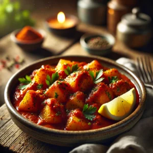 Aardappelcurry met pittige piri-piri saus, geserveerd in een rustieke keramische kom, gegarneerd met verse peterselie en een citroenpartje op een houten tafel.