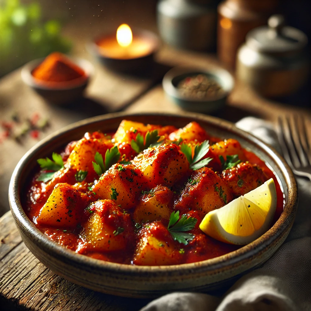 Aardappelcurry met pittige piri-piri saus, geserveerd in een rustieke keramische kom, gegarneerd met verse peterselie en een citroenpartje op een houten tafel.