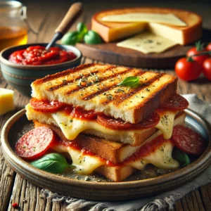 Een realistische foto van een tosti met Nutella en banaan, geserveerd op een rustiek keramieken bord op een doorleefde houten tafel. Het krokante, goudbruine brood is perfect geroosterd, met warme, gesmolten Nutella die langs de randen uitloopt. Dunne plakjes banaan zorgen voor een zoete en romige tegenhanger. Een lichte bestuiving met poedersuiker maakt de presentatie compleet. Op de achtergrond ligt een houten snijplank met extra bananenschijfjes en een pot Nutella, subtiel vervaagd. Zacht natuurlijk licht benadrukt de texturen en kleuren, wat zorgt voor een warme, huiselijke sfeer.