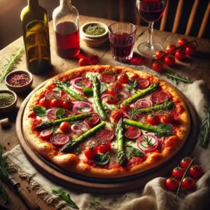 Een pizza met gestoomde rode ui, zachte geitenkaas en pijnboompitten, geserveerd op een houten plank en gegarneerd met verse tijm, met een glas rode wijn en een linnen servet op de achtergrond.